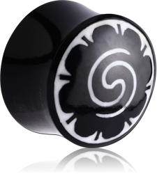ORGANIC HORN DOUBLE FLARED PLUG WITH WHITE BORNEO FLOWER INLAY