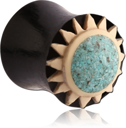 CARVED IRON ORGANIC WOOD DOUBLE FLARED SUN PLUG WITH TURQUOISE INLAY