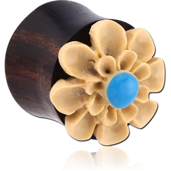 CARVED IRON ORGANIC WOOD DOUBLE FLARED FLOWER PLUG WITH TURQUOISE INLAY