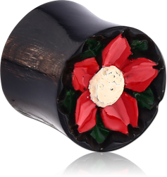 CARVED ORGANIC HORN DOUBLE FLARED PLUG RED FLOWER