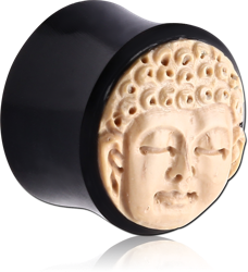 CARVED DOUBLE FLARED ORGANIC TRIBAL PLUGS-BUDDHA FACE