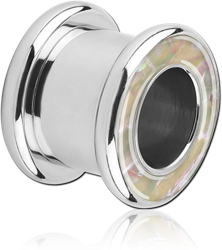 SURGICAL STEEL GRADE 316L JEWELED ORGANIC SYNTHETIC MOTHER OF PEARL ROUND-EDGE THREADED TUNNEL