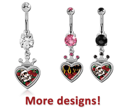 RHODIUM PLATED BASE METALD DOUBLE JEWELED NAVEL BANANA WITH CROWNED HEART PICTURE CHARM