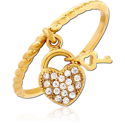GOLD PVD COATED SURGICAL STEEL GRADE 316L RING WITH JEWELED HEART AND KEY CHARM