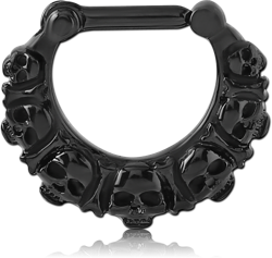 BLACK PVD COATED SURGICAL STEEL GRADE 316L HINGED SEPTUM CLICKER -SKULL