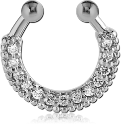 RHODIUM PLATED BASE METALD JEWELED FAKE SEPTUM RING