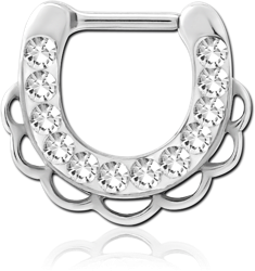 SURGICAL STEEL GRADE 316L ROUND CRYSTALINE JEWELED HINGED SEPTUM CLICKER