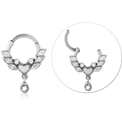 316L SURGICAL STEEL GRADE 316L HINGED SEPTUM CLICKER WINGED HEART WITH ROUND GEM DANGLE