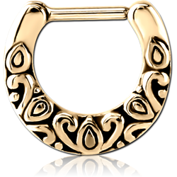 ZIRCON GOLD PVD COATED SURGICAL STEEL GRADE 316L HINGED SEPTUM CLICKER - FILIGREE