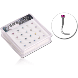 BOX OF 20 SURGICAL STEEL GRADE 316L FLAT JEWELED 90 DEGREE NOSE STUDS