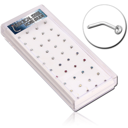 BOX OF 40 SURGICAL STEEL GRADE 316L JEWELED 90 DEGREE NOSE STUDS