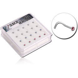 BOX OF 20 SURGICAL STEEL GRADE 316L JEWELED CURVED NOSE STUDS