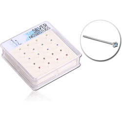 BOX OF 20 STERLING 925 SILVER PRONG SET JEWELED STRAIGHT NOSE STUDS