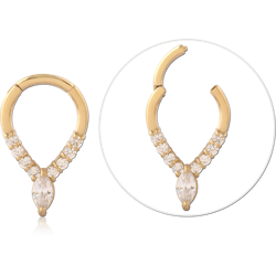GOLD PVD 18K COATED SURGICAL STEEL GRADE 316L HINGE SEGMENT RING MARQUISE CLUSTER WITH GEM DROP
