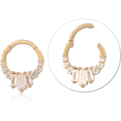 GOLD PVD 18K COATED SURGICAL STEEL GRADE 316L HINGE SEGMENT RING BAGUETTE CLUSTER WITH ROUND GEMS