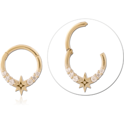 GOLD PVD 18K COATED SURGICAL STEEL GRADE 316L HINGE SEGMENT RING STAR AND ROUND GEMS