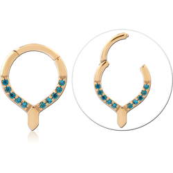 GOLD PVD 18K COATED SURGICAL STEEL GRADE 316L HINGED SEGMENT RING V-SHAPE BLUE GEMS