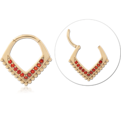 18 KARAT GOLD YELLOW PVD COATED SURGICAL STEEL HINGE SEGMENT RING CHEVRON RED GEMS BEADED