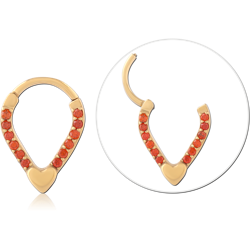 18 KARAT GOLD YELLOW PVD COATED SURGICAL STEEL HINGE SEGMENT RING V SHAPE RED GEMS HEART