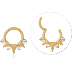 GOLD PVD COATED SURGICAL STEEL GRADE 316L HINGE SEGMENT RING TRIPLE SPIKES WITH ROUND GEMS