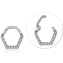 SURGICAL STEEL GRADE 316L HINGE SEGMENT RING GEOMETRIC PAVE CLEAR GEM FRONT