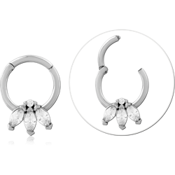 SURGICAL STEEL GRADE 316L HINGE SEGMENT RING TRIPLE MARQUISE GEM FRONT CLUSTER
