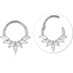 14 KARAT GOLD WHITE HINGED SEGMENT RING MARQUISE GEM FAN WITH TEARDROP GEM CHARM