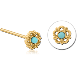 GOLD PVD COATED SURGICAL STEEL GRADE 316L STRAIGHT JEWELED NOSE STUD - FLOWER