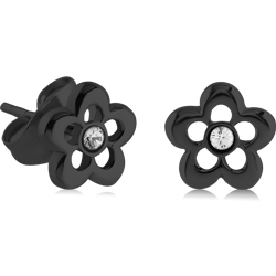 BLACK PVD COATED SURGICAL STEEL GRADE 316L PREMIUM CRYSTALS JEWELED FLOWER EAR STUDS