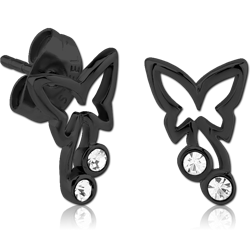 BLACK PVD COATED SURGICAL STEEL GRADE 316L JEWELED BUTTERFLY EAR STUDS PAIR