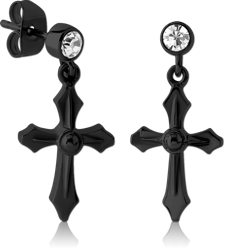 BLACK PVD COATED SURGICAL STEEL GRADE 316L EAR STUDS PAIR - CROSS