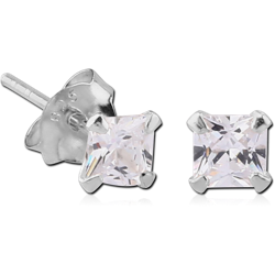 STERLING 925 SILVER PRONG SET JEWELED SQUARE EAR STUDS - PAIR