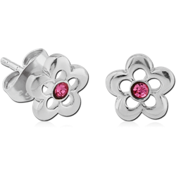 STERLING 925 SILVER FLOWER EAR STUDS WITH JEWEL - PAIR