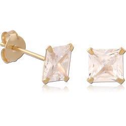 STERLING 925 SILVER GOLD PLATED 18K JEWELED PRONG SET SQUARE EAR STUDS PAIR