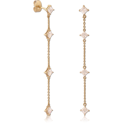 GOLD PVD 18K COATED SURGICAL STEEL GRADE 316L STUD EARRINGS SQUARE GEM CHAIN DROP