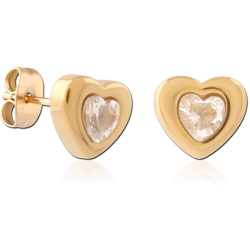 GOLD PVD 18K COATED SURGICAL STEEL GRADE 316L STUD EARRINGS HEART CLEAR GEM PAIR
