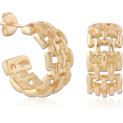 GOLD PVD 18K COATED SURGICAL STEEL GRADE 316L STUD EARRINGS LINK PATTERN HALF HOOP