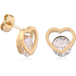 GOLD PVD 18K COATED SURGICAL STEEL GRADE 316L STUD EARRINGS HEART OUTLINE CLEAR GEM
