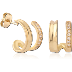 GOLD PVD 18K COATED SURGICAL STEEL GRADE 316L STUD EARRINGS DOUBLE BAND CLEAR CRYSTALS