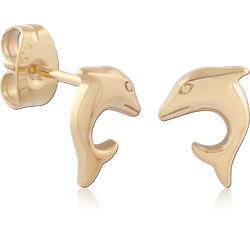 GOLD PVD 18K COATED SURGICAL STEEL GRADE 316L EAR STUDS PAIR - DOLPHIN