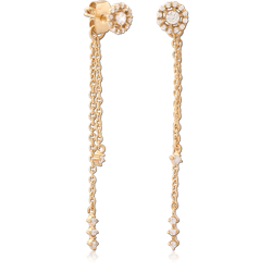 GOLD PVD 18K COATED SURGICAL STEEL GRADE 316L JEWELED CHAIN EAR STUDS PAIR