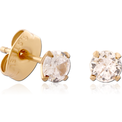GOLD PVD 18K COATED SURGICAL STEEL GRADE 316L ROUND PRONG SET JEWELED EAR STUDS PAIR