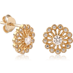 STERLING 925 SILVER GOLD PLATED 18K JEWELED EAR STUDS PAIR