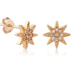 STERLING 925 SILVER GOLD PLATED 18K JEWELED EAR STUDS PAIR