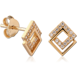 STERLING 925 SILVER GOLD PLATED 18K JEWELED EAR STUDS PAIR