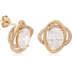 STERLING 925 SILVER GOLD PLATED 18K JEWELED EAR STUDS PAIR