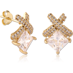 STERLING 925 SILVER GOLD PLATED 18K JEWELED EAR STUDS PAIR