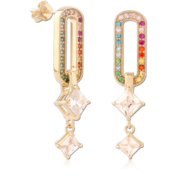GOLD PLATED 18K STERLING 925 SILVER STUD EARRINGS RAINBOW GEM LINK DANGLE