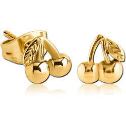 GOLD PVD COATED SURGICAL STEEL GRADE 316L EAR STUDS PAIR - CHERRY