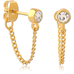 GOLD PVD COATED SURGICAL STEEL GRADE 316L STUD EARRINGS DOUBLE CHAIN BEZEL GEMS
